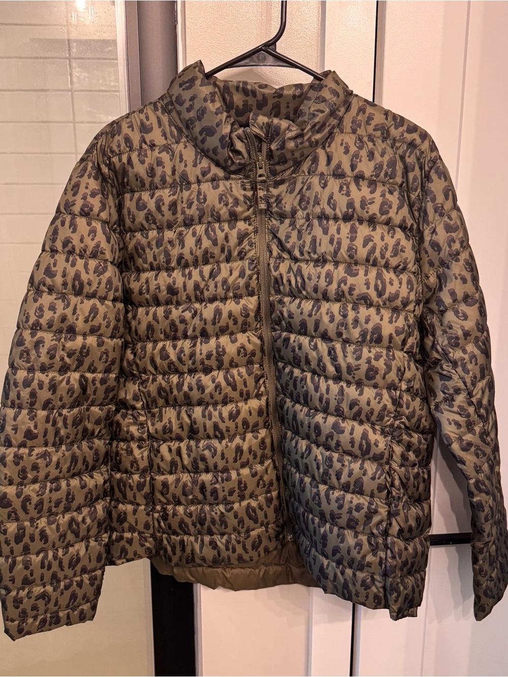 Olive Green Leopard Print Puffer Jacket